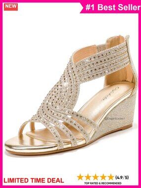 Womens Wedge Sandals Rhinestone Sparkly Dressy Open Toe Ankle Strap Wedding
